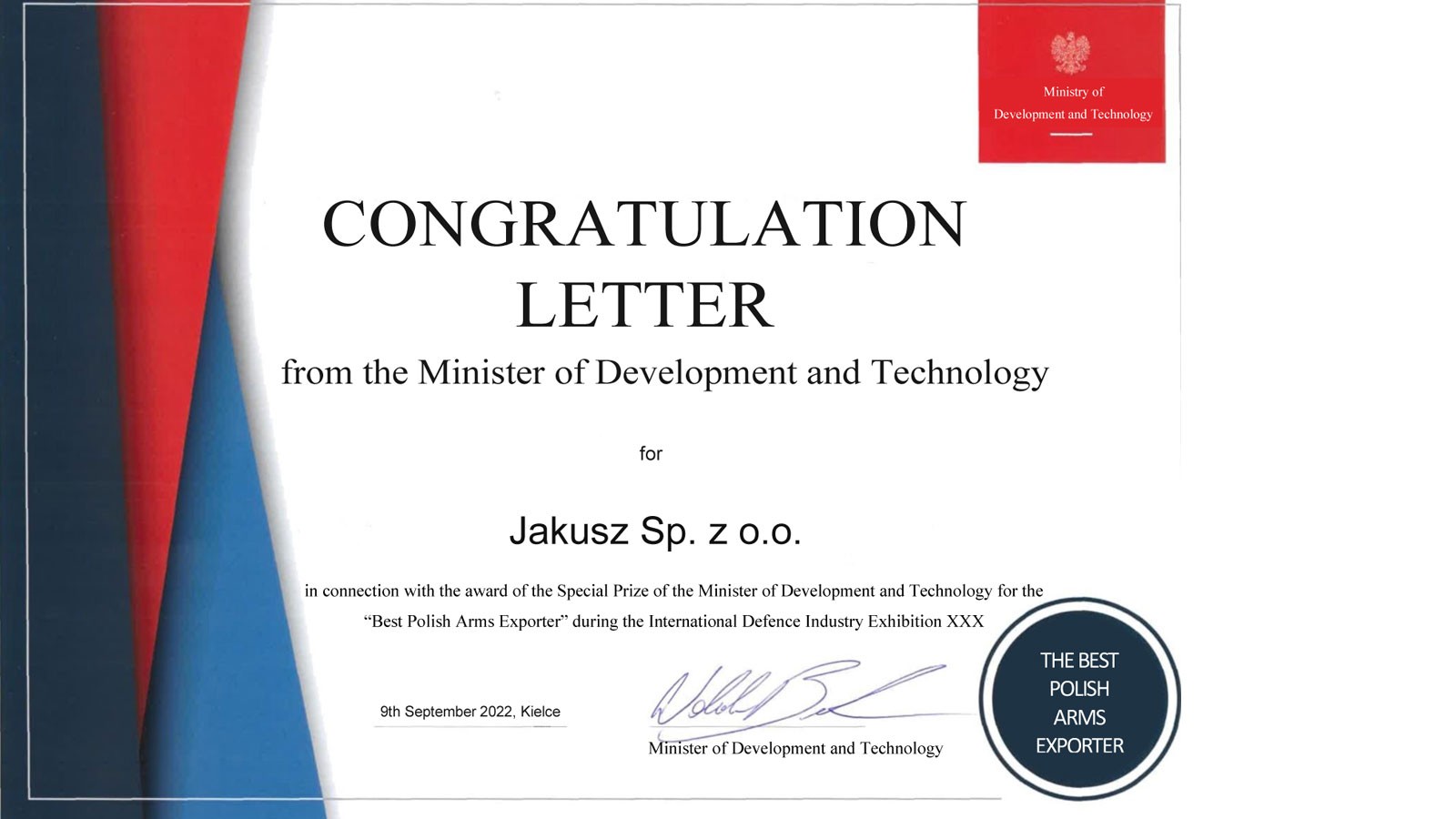 Special Award from the Minister of Development and Technology
